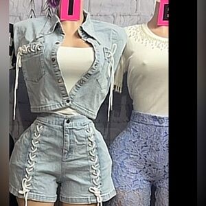 Women's Light Blue Lace-Up Denim sets stretch-Used once